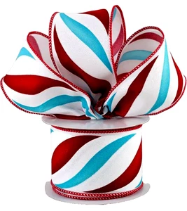 Weihnachten reich rot Aqua diagonal gewellt Streifen Wirbel 2,5" x 2 Yards verdrahtetes Band - Bild 1 von 3