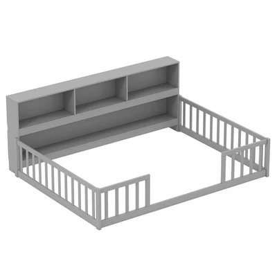 Full Size Montessori Floor Bed w/ Bookcase Storage Shelves & Safety Fence Rails - Image 1 of 4
