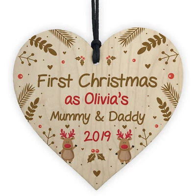 First Christmas As Mummy And Daddy Personalised Wooden Heart Babys 1st Christmas - Image 1 of 4