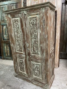 Rustic Blue Hues Unique Cabinet, Floral Carved Armoire, Storage FARMHOUSE DECOR
