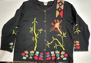 Marisol VTG Black Cotton Embroidered Giraffe Bamboo Button Front Jacket Top 2X - Picture 1 of 6