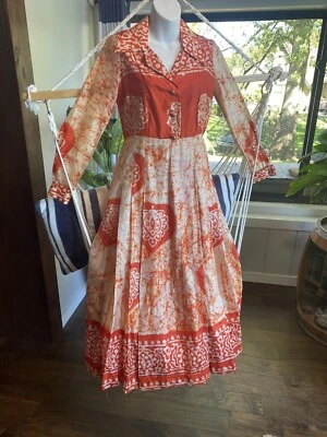 VTG 1970s Maxi Dress Batik Hippie Floral Orange Rust Cream Handmade S/M - Image 1 of 4