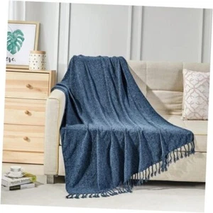 Chenille Fluffy Throw Blanket with Decorative Fringe for Couch 50"×60" Navy - Picture 1 of 7