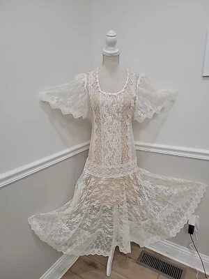VTG Lace Prairie Pioneer Boho Wedding Party /Beach Wedding Dress  - Image 1 of 4
