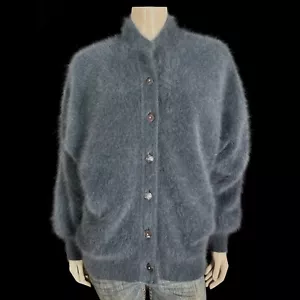 80% Angora Fuzzy Vintage Gray Lined Dolman-Sleeve Sweater Jacket 48 in bust - Picture 1 of 10
