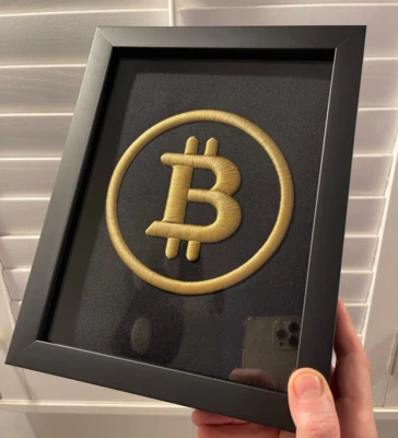 Golden BTC-Bitcoin Logo 3D Embroidery Artwork in Matte Black Thick Frame Crypto - Image 1 of 4