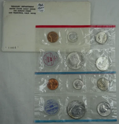 1964 P & D US Mint Set Uncirculated 10 Coins w/ 90% Silver OGP Envelope - Image 1 of 4