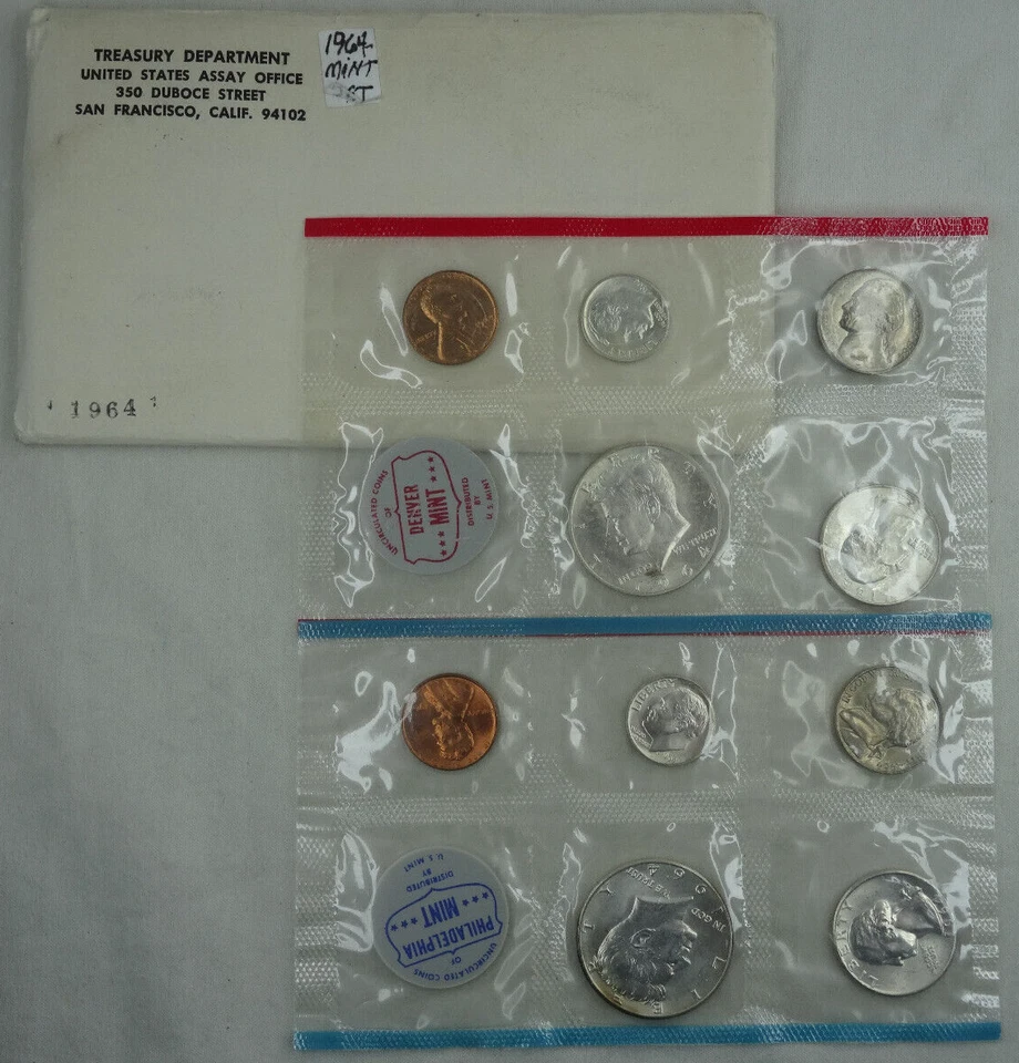 1964 P & D US Mint Set Uncirculated 10 Coins w/ 90% Silver OGP Envelope - Image 1 of 4