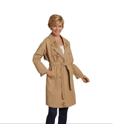 Soft Surroundings Trench Coat Womens XS Embroidered Belted Boho Career Outdoors - Image 1 of 4