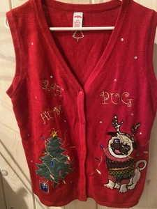 Mujer HOLIDAY TIME Rojo Perro Pug Navidad Suéter Chaleco Grande - Imagen 1 de 7