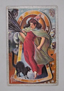 Antique 1910 Halloween Embossed Keyhole Postcard w/Witch Black Cat Ghouls Vtg - Picture 1 of 7