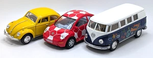 3 Kinsmart Volkswagen Pullback & Go Vehicles 2 Beetles and 1 Classic Bus - Picture 1 of 18