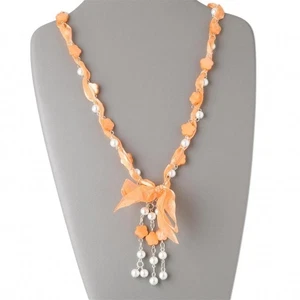 Orange and White Freshwater Pearl Shell Organza Ribbon Necklace - Picture 1 of 3