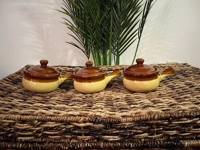 Set Of 3 Single Serve Glazed Brownstone Handled Mini Soup Crocks With Lids - Image 1 of 4