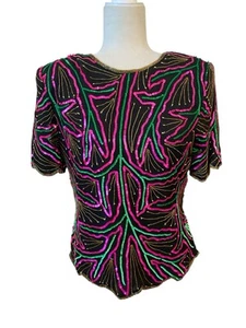 Stenay Womens Vintage Pink And Green Evening Top Size Large 1980s Sequins - Picture 1 of 7