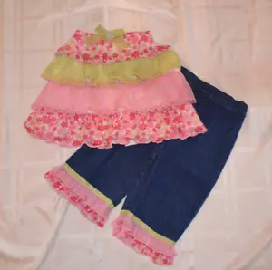 Beluga New York Caprihose Hose & Rhumba Top Outfit Set Denim Pink Grün Neu mit Etikett Gr. 4T - Bild 1 von 5