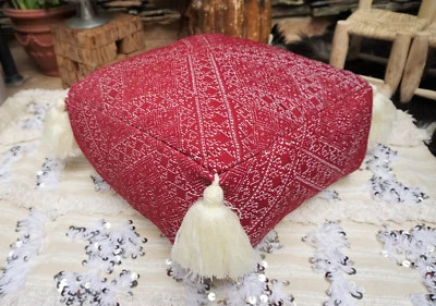 Vintage Moroccan Ottoman Pouf Bohemian Tassel Floor Pillow 50 Year Old - Image 1 of 4