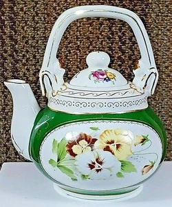 Green & White Porcelain   6" Tall Teapot with Gold Accent & Flowers - Picture 1 of 9