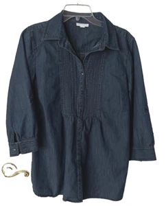 Charter Club Women's Sz 14 Denim 3/4 Sleeve Pleated & Button Front Tunic Blouse - Picture 1 of 2