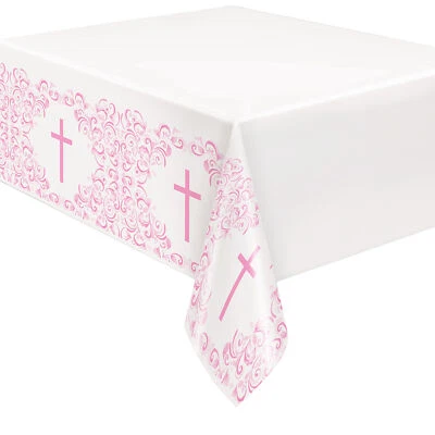 Communion Confirmation Table Cover Christening Pink Cross Party Tablecloth - Image 1 of 3