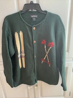 80 年代早期 WINTERS 重型棉滑雪杆靴针织开衫毛衣绿色 L — 第 1/4 张图片