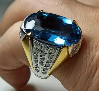 25 Carats Big Swiss Blue Topaz Sterling Silver 925 Handmade Ring Mens Topaz Ring - Image 1 of 3