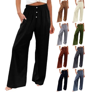 Womens Linen Beach Pants Casual Elastic High Waisted Wide Leg Loose Comfy Pants - Picture 1 of 51