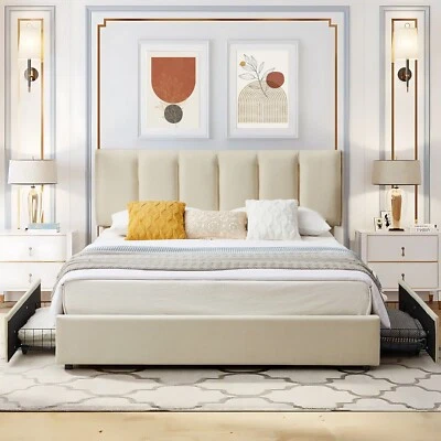 Queen Full Size Bed Frame with 4 Storage Drawer Upholstered Platform Headboard - Image 1 of 4