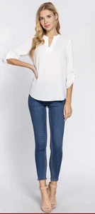 3/4 Roll Up Sleeve V-neck Woven Blouse  - Picture 1 of 28