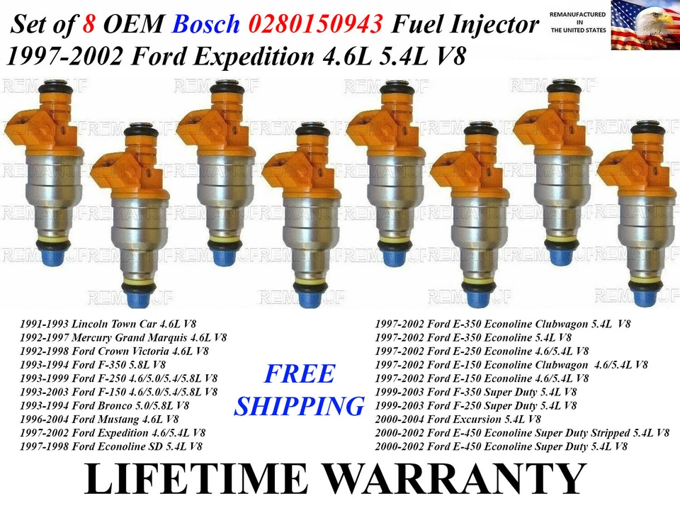 8X OEM Bosch 4 Hole Fuel Injectors For 1997-2002 Ford Expedition 4.6L 5.4L V8 - Image 1 of 1