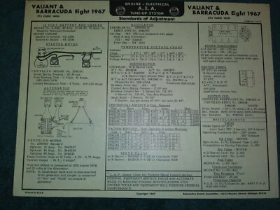 Plymouth Valiant & Barracuda 273 1967 V-8 A.E.A. TABLA DE PUESTA A PUNTO / ÚTIL Foto 1 de 2