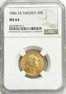 1886 GOLD SWEDEN 20 KRONOR OSCAR II COIN NGC MINT STATE 64 - Picture 1 of 2