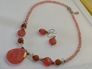 Vintage Sterling Silver Necklace Earring Set 925 Pink Various Gemstones - Picture 1 of 13