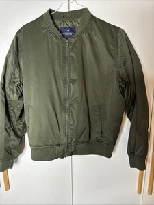 American Eagle Damen-Bomberjacke aus Satin mit Reißverschluss olivfarben armeegrün Größe Large - Bild 1 von 5