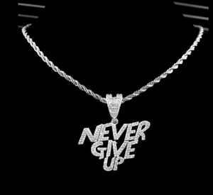 Silver “NEVER GIVE UP” Pendant Necklace – Alloy & Resin | Rhinestone Chain - Picture 1 of 2