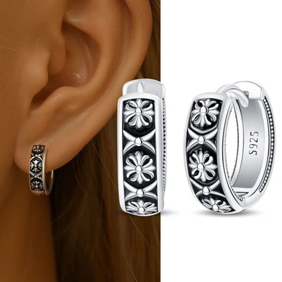 PANDACH 925 Sterling Silver Antique Style Hoop Earrings For Women Men Jewelry - Image 1 of 4