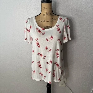 T-shirt Lucky Brand bianca rossa floreale scollo a scoop manica svasata misto cotone taglia M - Foto 1 di 8