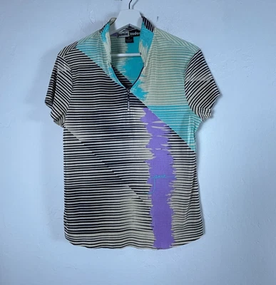 Jamie Sadock Womens Golf Polo Top Medium Quarter Zip Crinkle Striped Abstract - Image 1 of 4