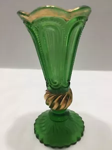 Antique Green Pressed Glass Vase 6” Gold Detail Scroll - Picture 1 of 11