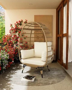 Wicker Egg Chair Outdoor Egg Basket Lounge Chair with Thick Cushion Metal Stand - Picture 1 of 7