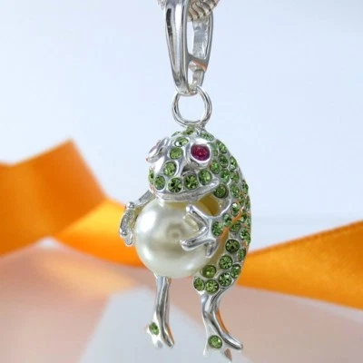 A662 Anhänger Frosch (Grün) 925 Silber mit Swarovski Elements Kristalle & Perle - Bild 1 von 4