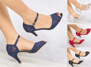 NEU SPITZENVERZIERTE SATIN MITTLERER ABSATZ KNÖCHELRIEMEN HOCHZEITSSCHUHE SANDALEN 3-8 - Bild 1 von 16