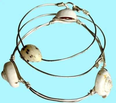 Artisan Made 3 Wrapped Sterling  Silver Wire Bracelets With Sea Shells Summer - Image 1 of 4