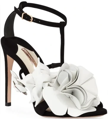 Saltos Sophia Webster Jumbo Lilico preto e branco com tiras flores - Imagem 1 de 4