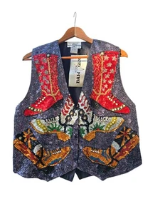 Vintage Sequined Cowboy Vest Boots Bali Gem  L Rodeo New Old Stock - Picture 1 of 9