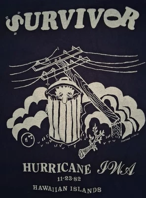 Vtg 1982 Hawaii - Hurricane Iwa Survivor T-Shirt Blue L m 80s - Image 1 of 4