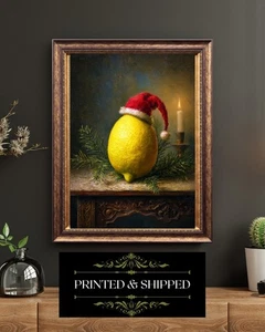 Divertido Limón Navidad Bodegón Impresión Papá Noel Sombrero Vacaciones Festivo Fruta Arte de Pared - Imagen 1 de 5