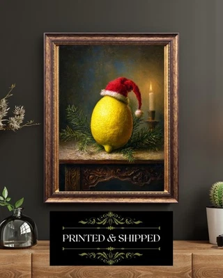 Divertido Limón Navidad Bodegón Impresión Papá Noel Sombrero Vacaciones Festivo Fruta Arte de Pared Foto 1 de 4