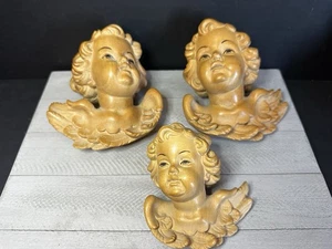 Set Of 3 Cherub Angel Carved Wood Wall Ornament Vintage German Finley Carved - Picture 1 of 15