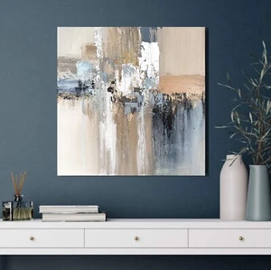 Original medium Abstract Hand painted Canvas warm beige grey blue gold 50x50cm - Picture 1 of 12